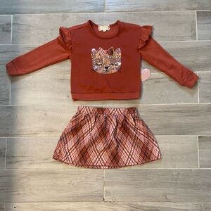 Girls Terracotta 2pc Set With Cat Shirt and Plaid Skirt